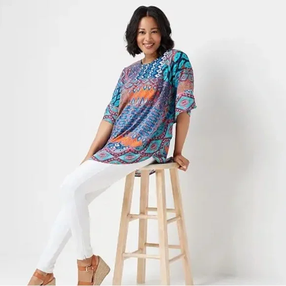 Tolani Collection Petite Printed Woven Caftan Tunic Navy Ikat PL A347419 QVC - Picture 5 of 10